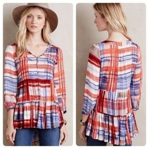 ANTHROPOLOGIE Maeve Lila Tunic Peplum Top Striped Plaid Red White Blue Small